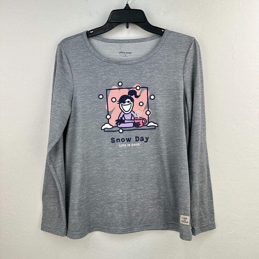 Life Is Good Tshirt Womens Small Gray White Snow Day Heather Stretch Long Sleeve